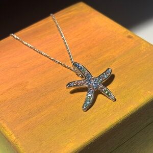 Silver Starfish Pendant Necklace with Multicolor Crystals